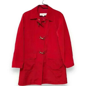 WOMENS LIZ CLAIBORNE PETITE RED NYLON RAIN COAT TOGGLE AND SNAP BUTTONS SZ SMALL